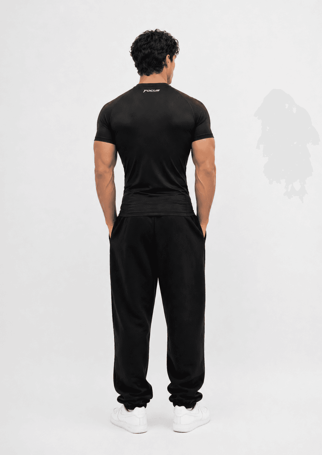 FocusGym black compression top back photoshoot